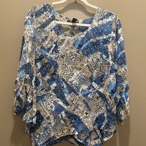 Style & Co. Blue, White & Tan Abstract Geometric Blouse